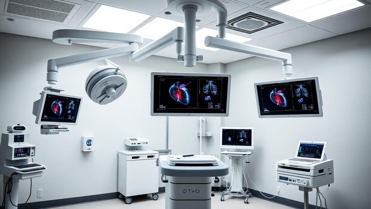 Modern cardiac catheterization lab with interventional equipment and monitors