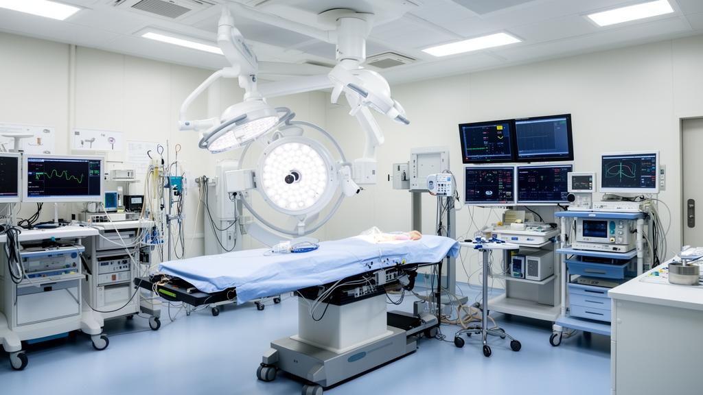 Catheterization lab with fluoroscopy equipment and cardiac monitors