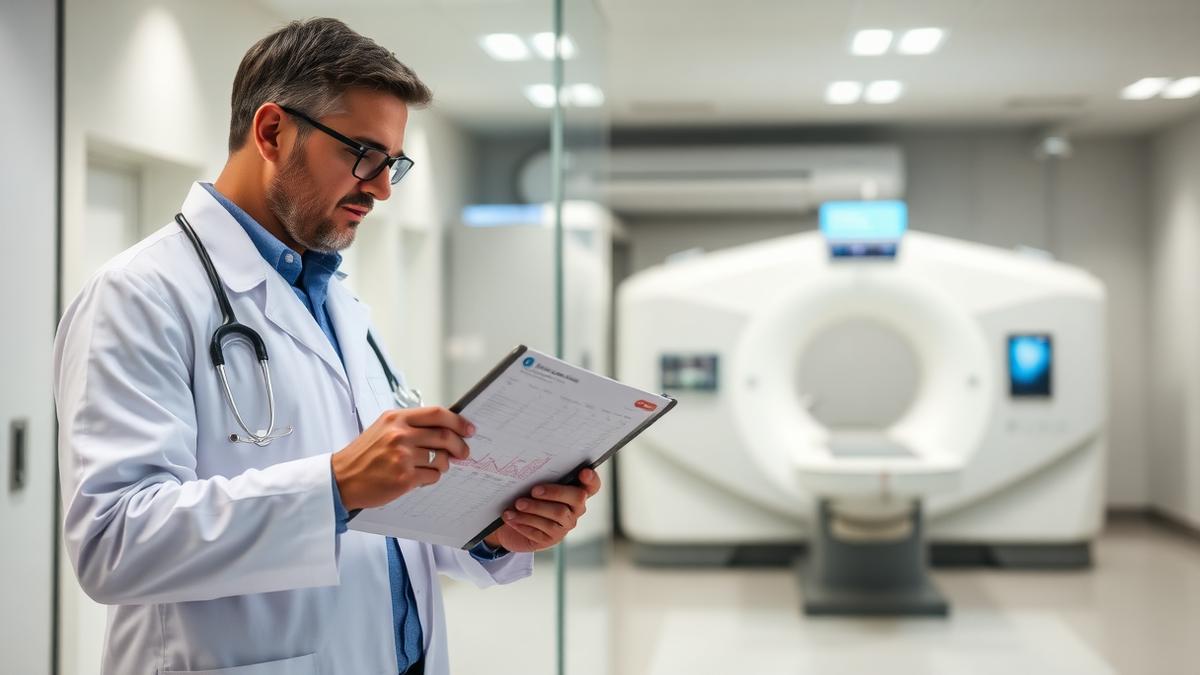 Hospital administrator reviewing imaging equipment cost analysis reports