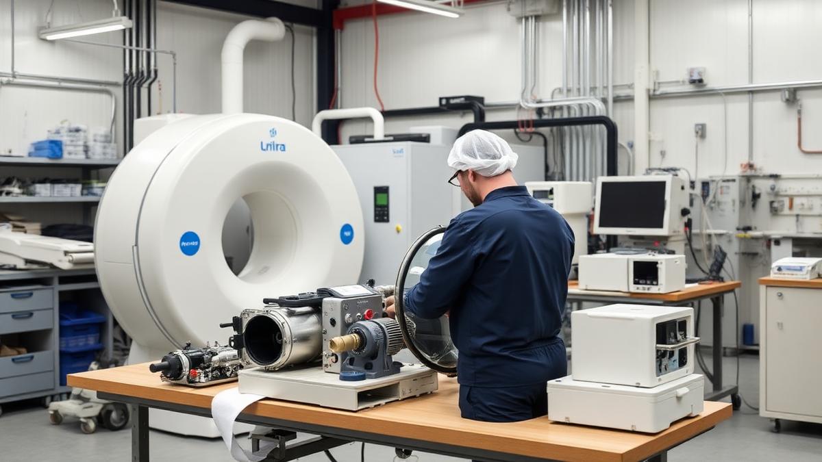 Engineers refurbishing medical imaging equipment in a quality-controlled facility