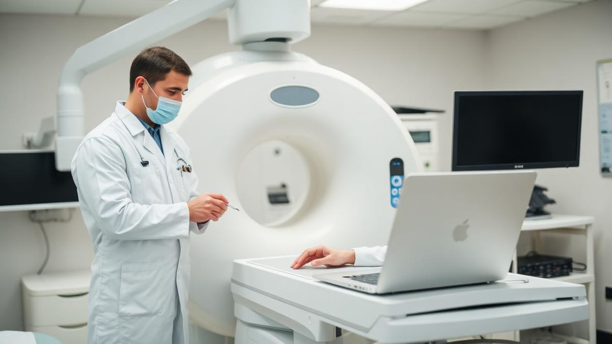 Biomedical engineer performing preventive maintenance on medical imaging equipment