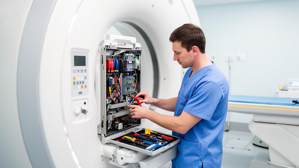 Service engineer repairing medical imaging equipment