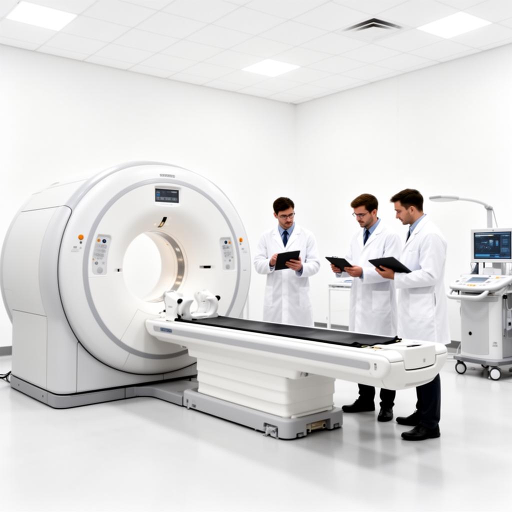 Refurbished MRI and CT scanners undergoing quality inspection by biomedical engineers in a clean white refurbishment facility
