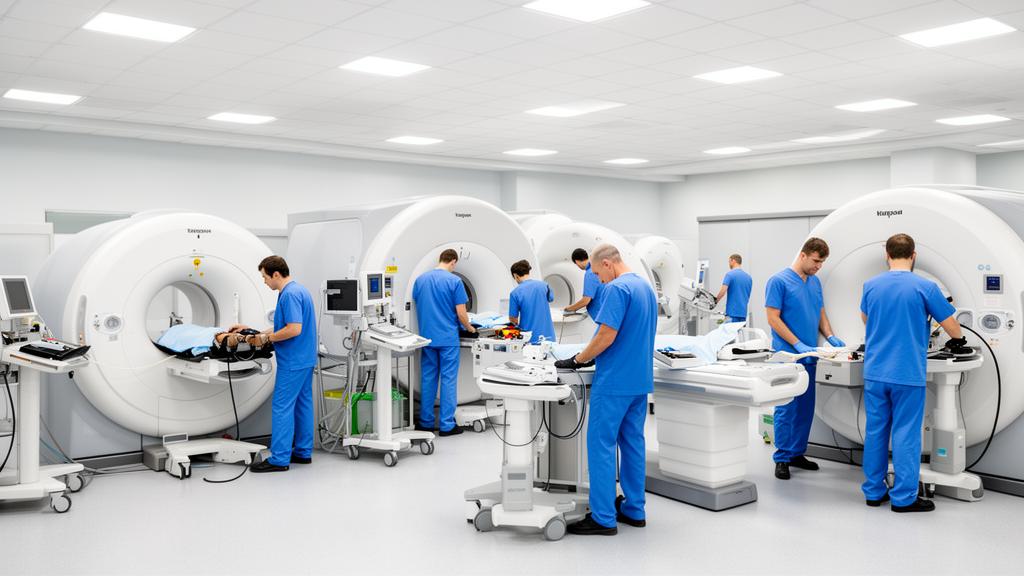 Medical imaging service engineers working on MRI and CT scanners in a facility