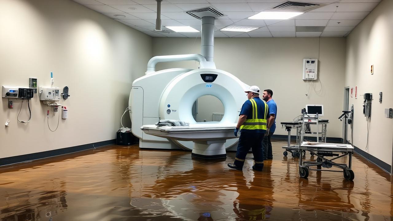 Recovery team assessing flood damage to a CT scanner in a hospital imaging room