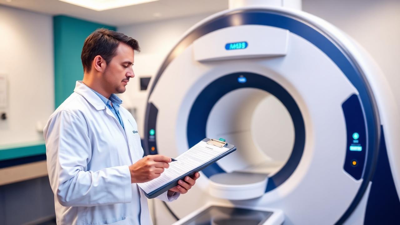 Biomedical engineer performing preventive maintenance inspection on an MRI scanner with a checklist