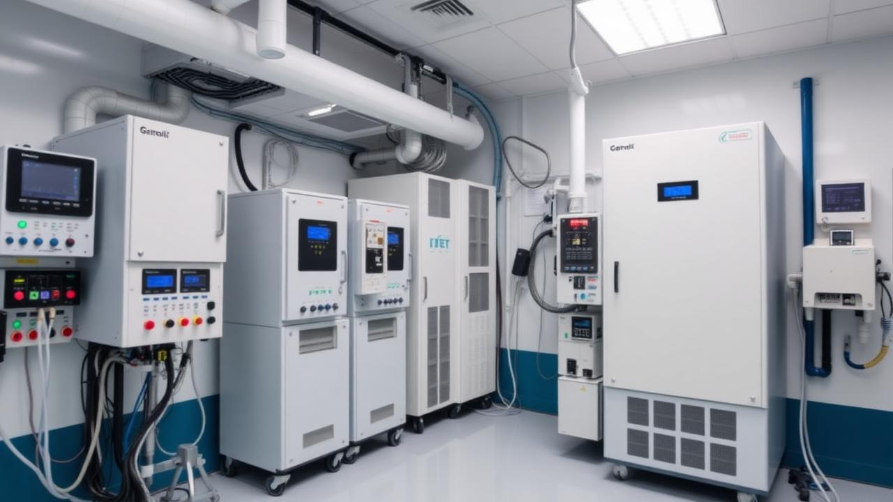 Hospital electrical room with UPS systems and voltage regulators for medical imaging equipment