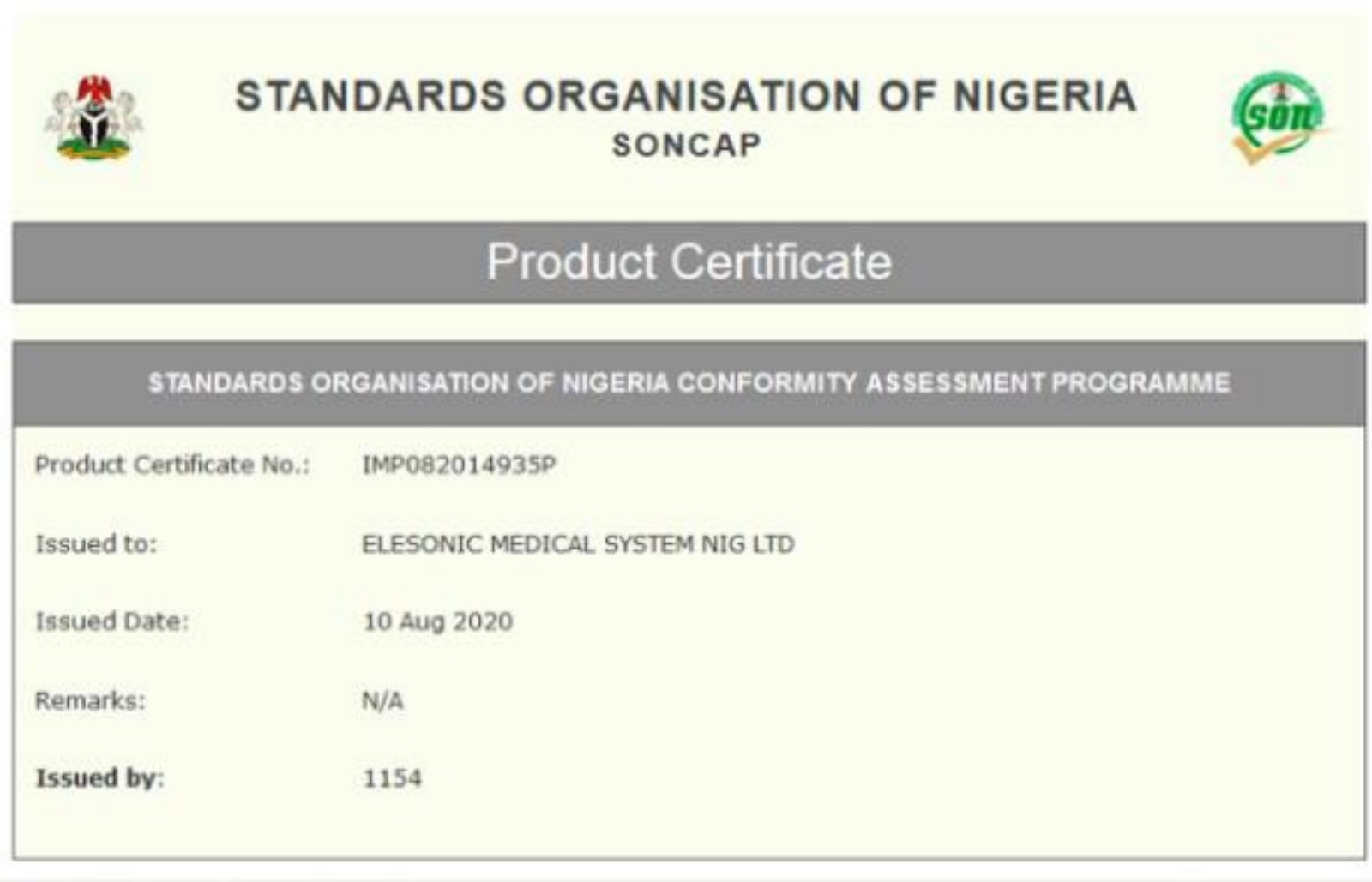 SONCAP Certificate
